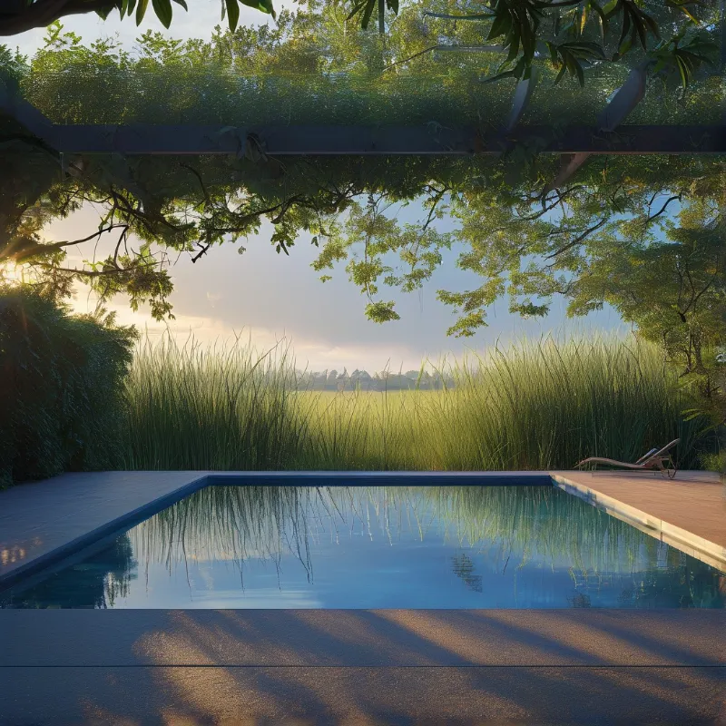 A swimming pool sits among tall green reeds while golden sunlight casts long shadows across the wooden deck foreground.