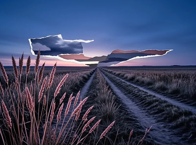 Twilight field with a dirt track and tall grasses, surreal torn paper shapes in the sky reveal a hidden landscape.