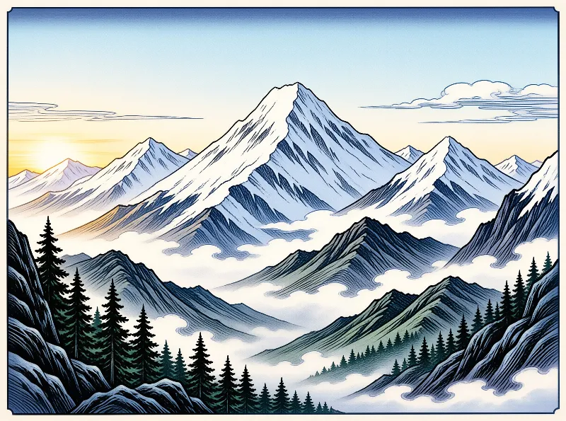 Stylized illustration of snow-covered mountains rising above pine forests and swirling clouds at sunrise.