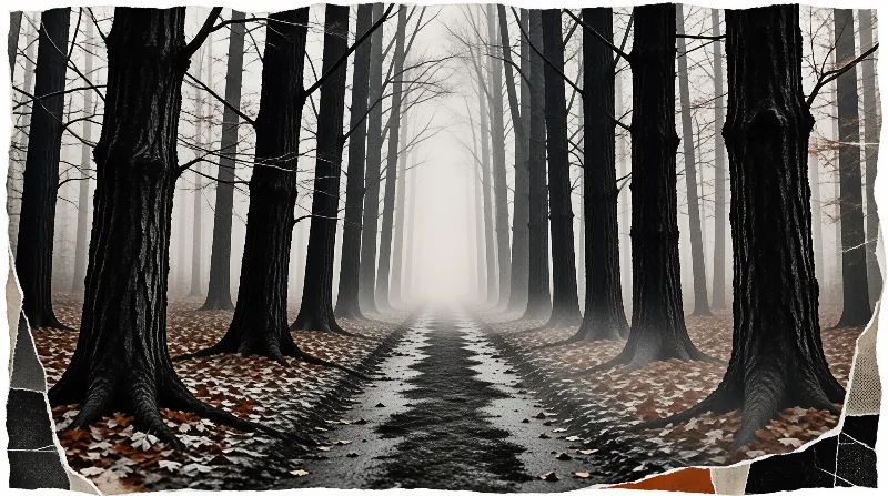 A dark path winds through tall trees while heavy fog obscures the vanishing point in the distance.