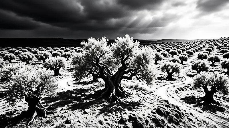 Rows of olive trees stretch across a hilly landscape beneath a dramatic sky with heavy dark clouds on the left side.