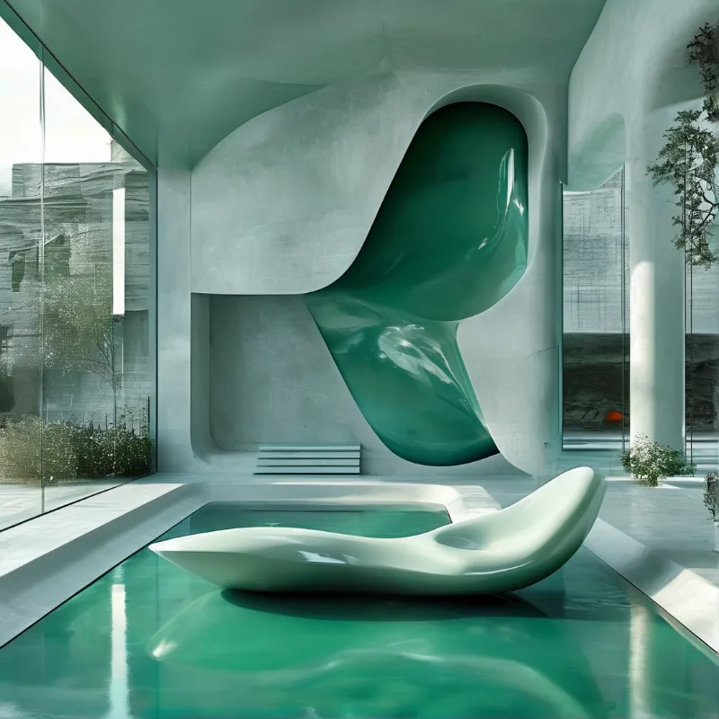 A glossy emerald organic sculpture curves down a pale concrete interior above a still reflecting pool.