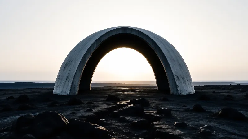 A large curved concrete structure stands alone in a rocky barren environment under a pale gradient sky at dawn.