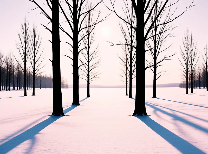 Rows of leafless trees stand in a snowy field casting long blue shadows under a pale pink winter sky.