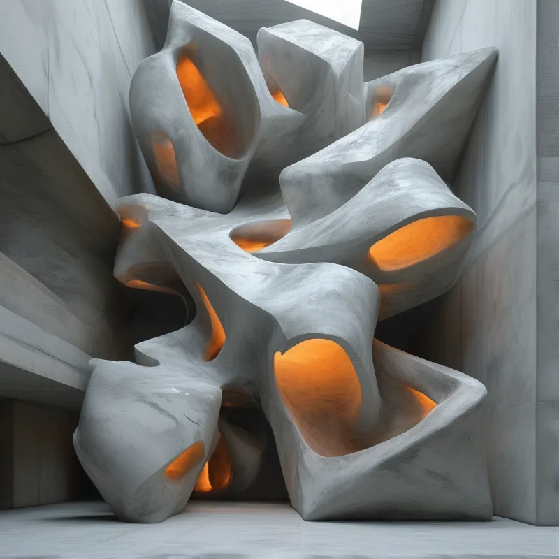 A large abstract concrete sculpture featuring twisted forms and glowing orange hollows sits within a minimalist white room.