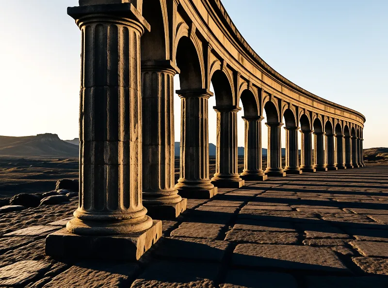 A row of classical stone columns stands on a paved walkway in a barren landscape, illuminated by sunlight casting long shadows.