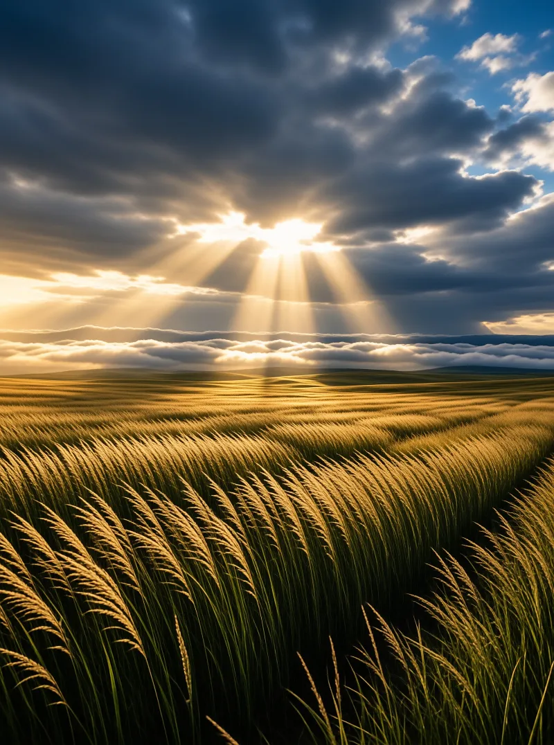 Rays of sunlight break through heavy clouds onto a vast field of swaying golden grass under a wide sky.