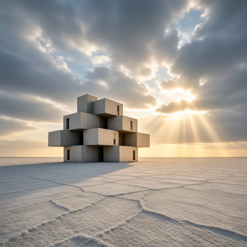 A geometric concrete building stands isolated on a cracked salt flat while golden sun rays break through dark clouds.