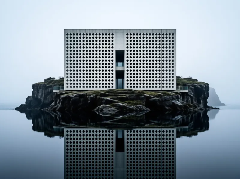 A white perforated box building stands on a dark rocky island mirrored in fog still water.