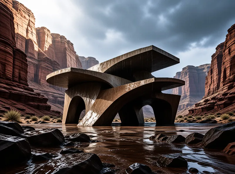 Sweeping curved concrete slabs rise from a shallow stream between towering sandstone cliffs under a stormy sky.