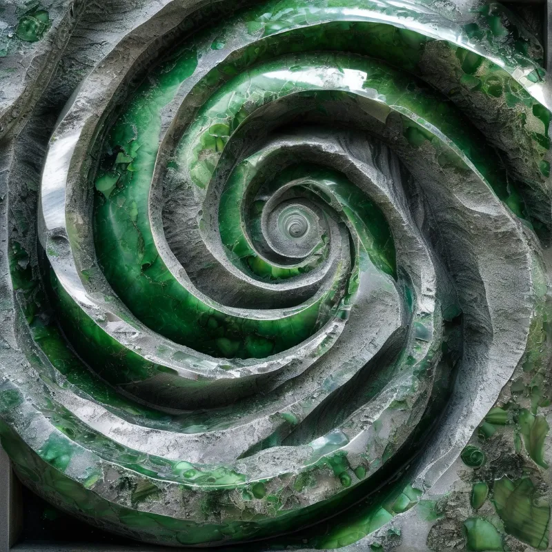 A close-up view of a spiral stone structure featuring deep green bands alternating with rough silver grey ridges.
