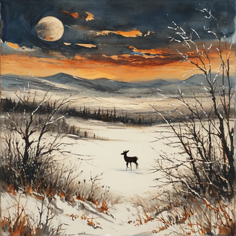 A lone deer stands on a vast snowy plain beneath a large full moon and orange sunset clouds framed by bare winter branches