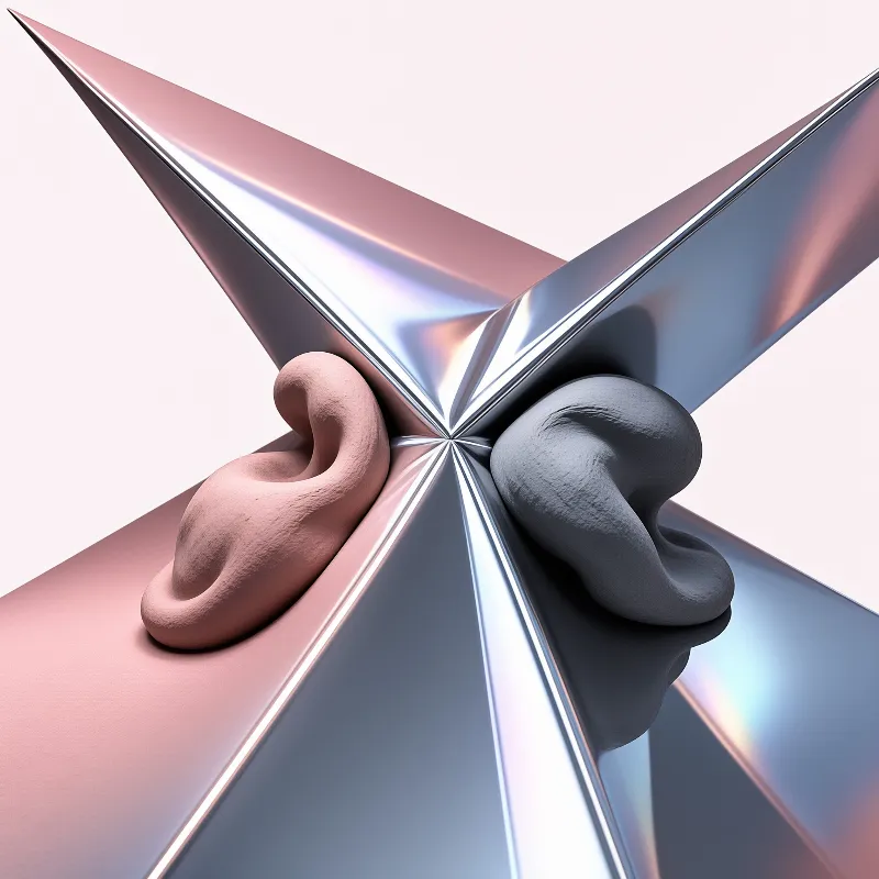 A polished four pointed metal cross reflects pink and blue light while two matte dough like lumps rest on its arms