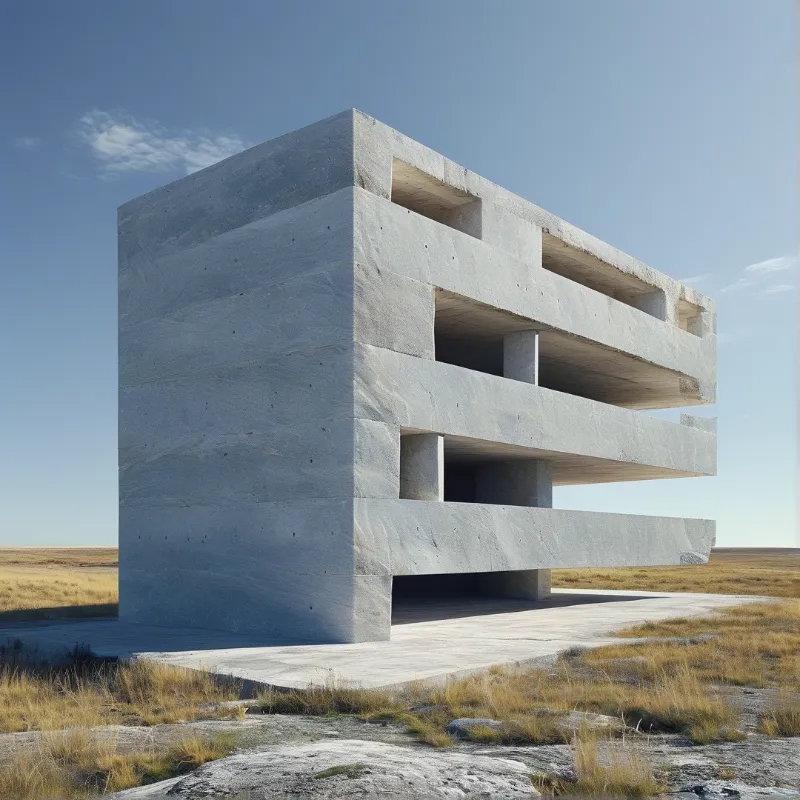 A massive grey concrete edifice rises above a flat expanse of yellow grass under a clear blue sky with distinct shadows.