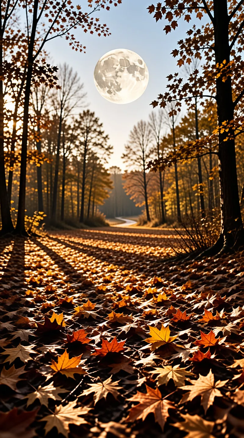 A winding dirt road covered in orange maple leaves stretches through a tall forest beneath a large bright moon.
