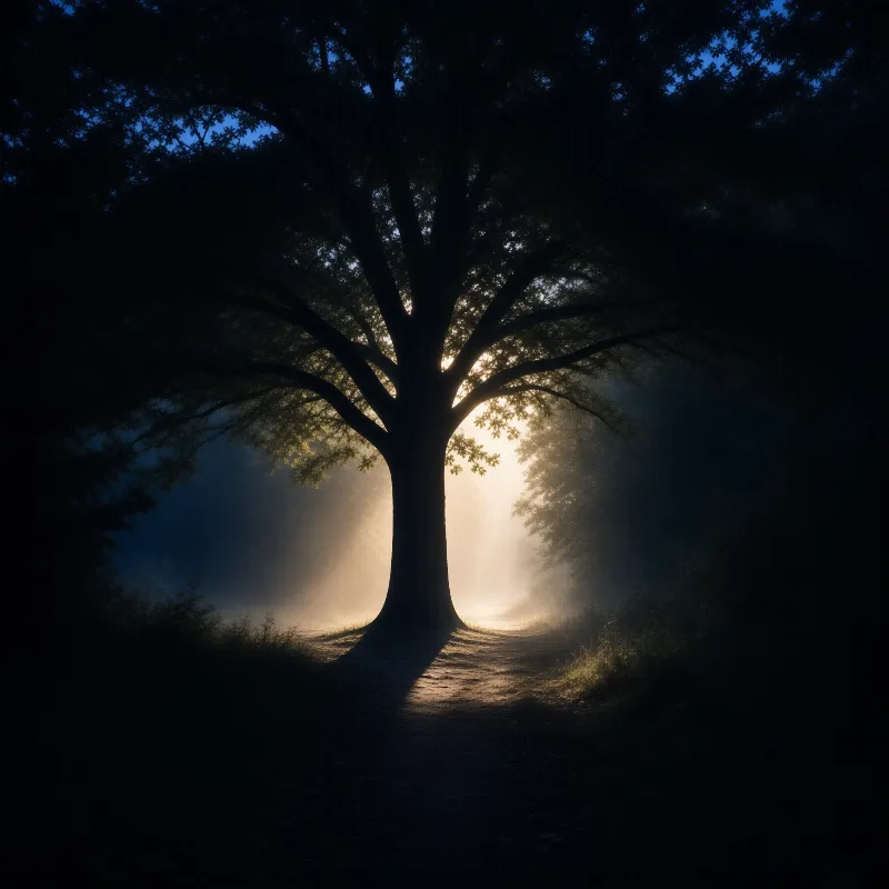 A broad canopy of dark leaves frames a glowing haze of early light spilling across a grassy clearing.