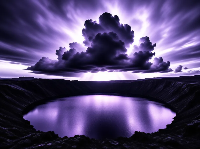 A dark cloud formation hovers over a calm volcanic crater lake reflecting the purple twilight sky.