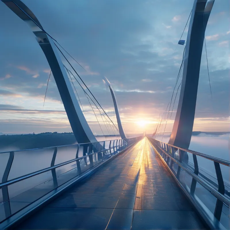 Curved bridge supports frame a path leading toward a bright sun rising above a sea of clouds.