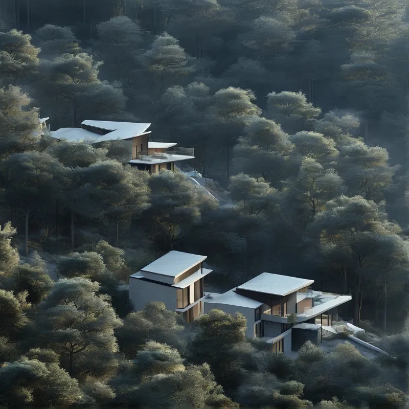 Several modern residences with flat roofs are nestled within a dense landscape of foggy green trees.