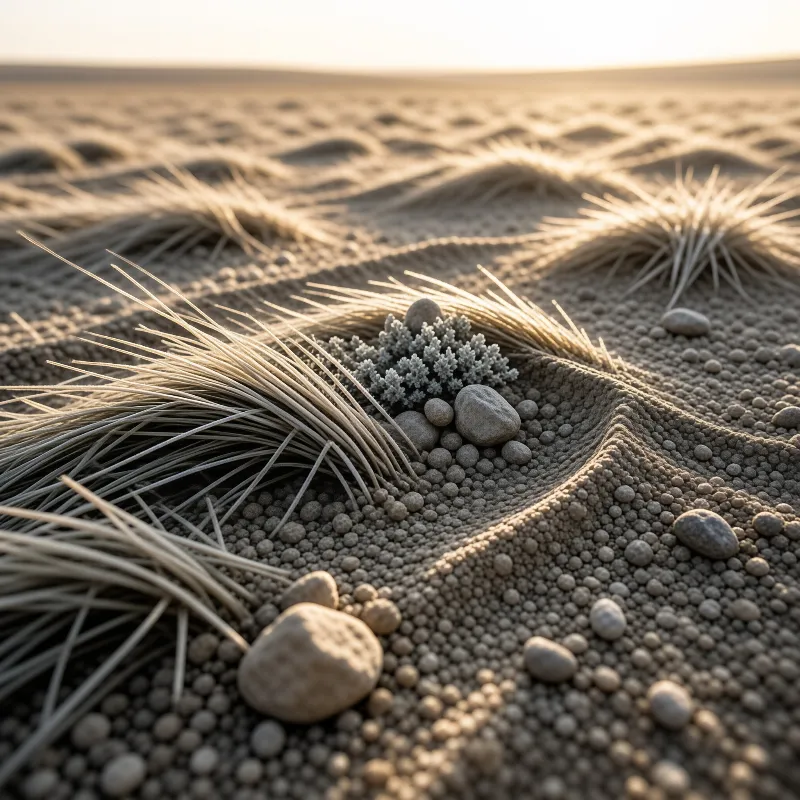 Spiky pale grass blades fan across grainy dunes dotted with smooth stones and a small grey succulent plant.