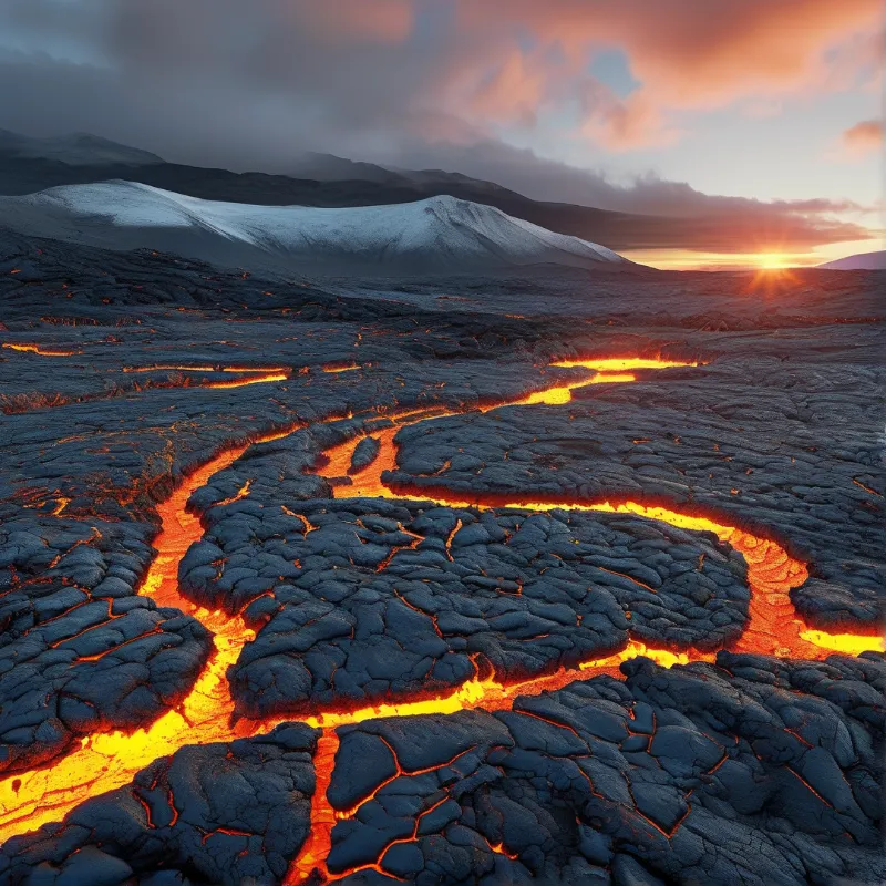 Volcanic Lava Flow at Sunset