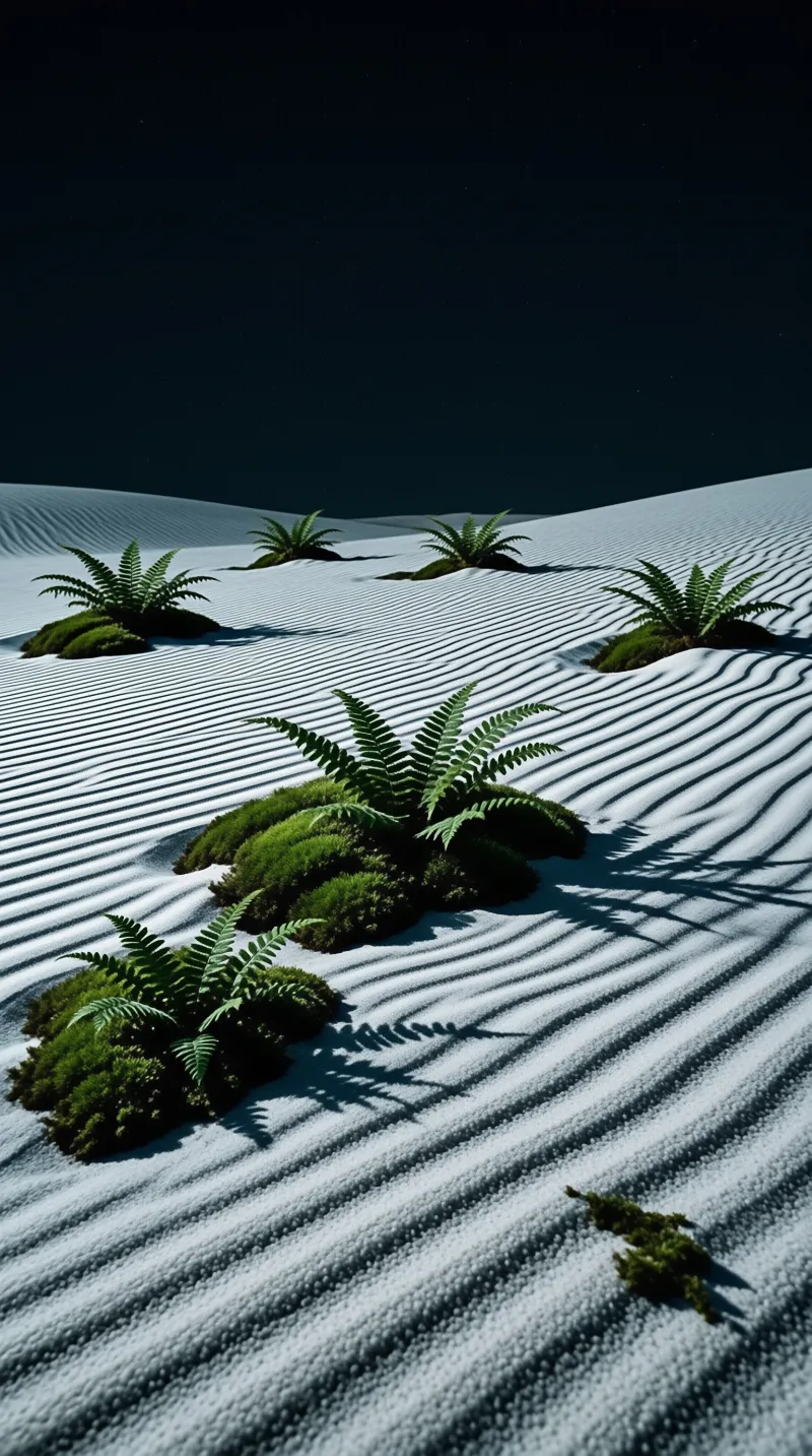 Green fern rosettes sprout from wind ridged pale sand under a deep starless night sky.