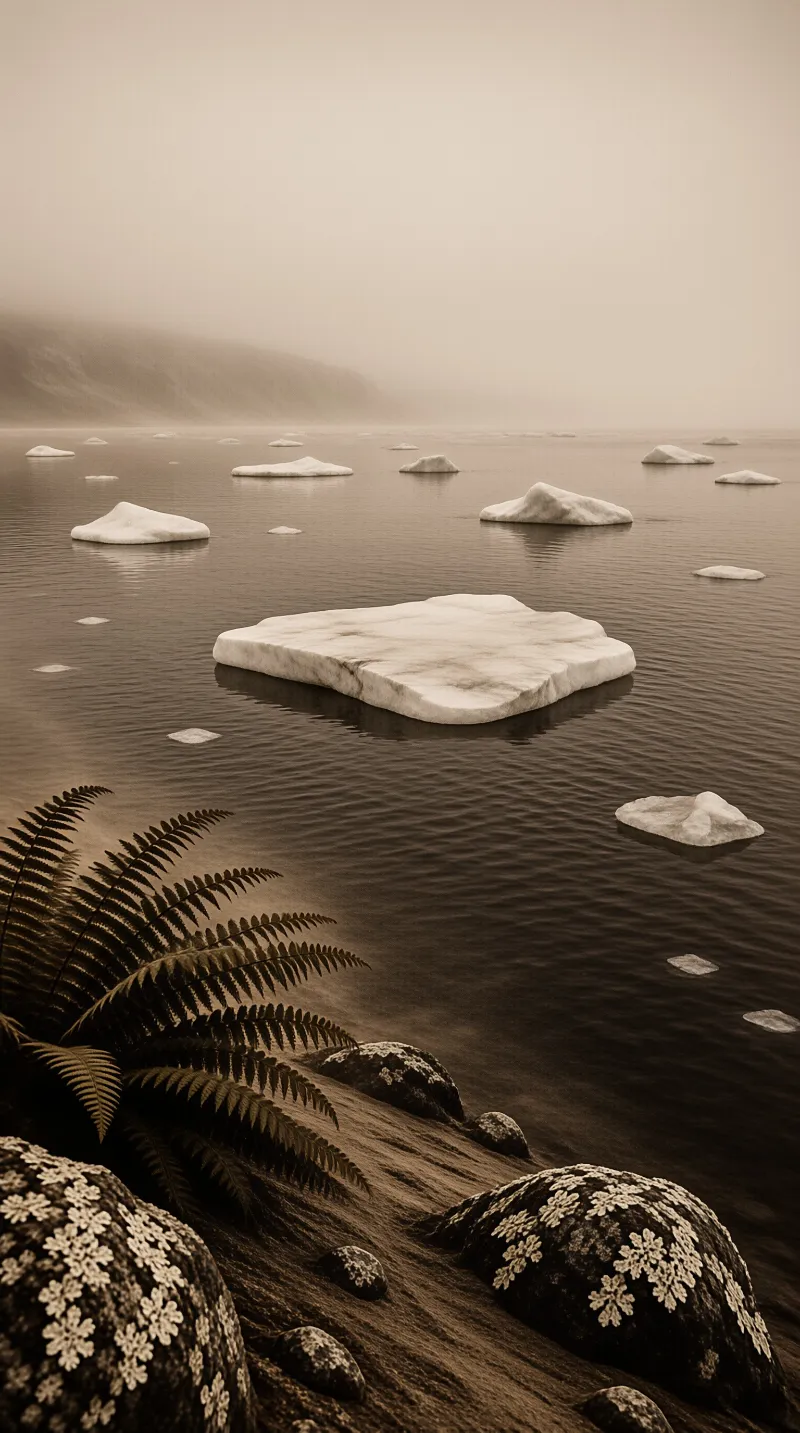 White icebergs float on dark water in this sepia seascape while mossy rocks and ferns occupy the misty foreground.