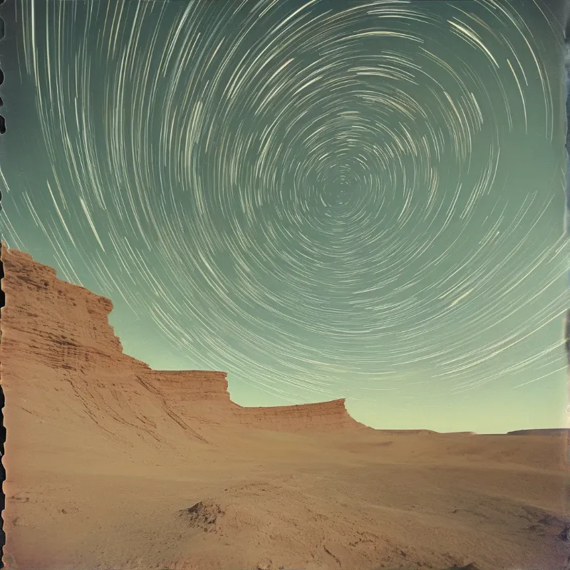Concentric white star trails rotate across a greenish sky above layered brown desert rock formations and sandy ground.