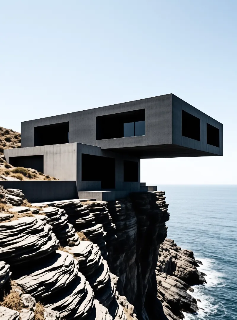 A dark modern dwelling juts over layered sea rocks beneath a clear pale sky.