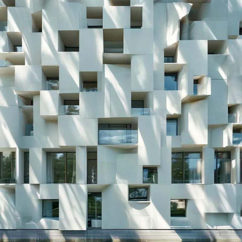 A pale modern apartment wall of staggered cubic openings and glass windows dappled with leaf shadows.