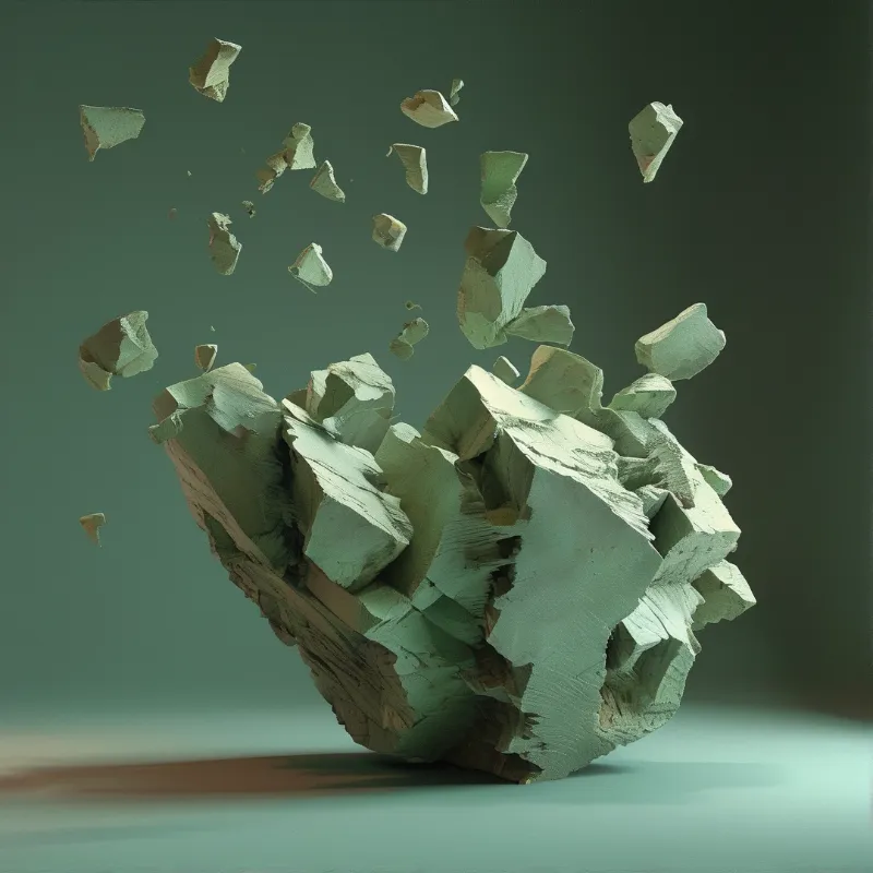 A green stone chunk breaks apart while jagged fragments fly upward against a soft gradient background.