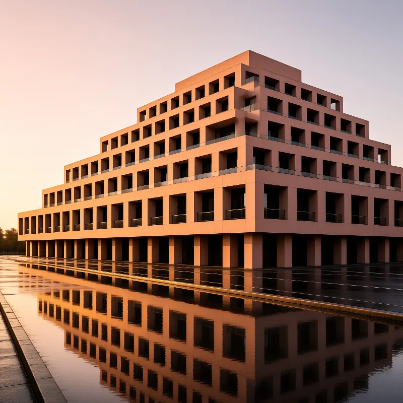 A terraced structure with recesses stands beside a calm pool mirroring warm orange exterior at twilight.