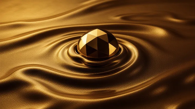 A faceted geometric object sits in the center of a rippling golden surface that reflects light like liquid metal.