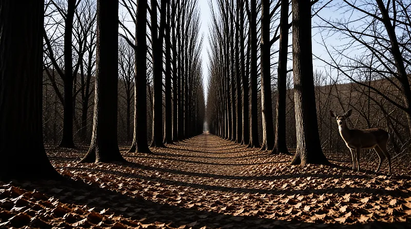 A white tailed deer stands beside a straight forest path covered in brown autumn leaves with long shadows cast by bare trees.