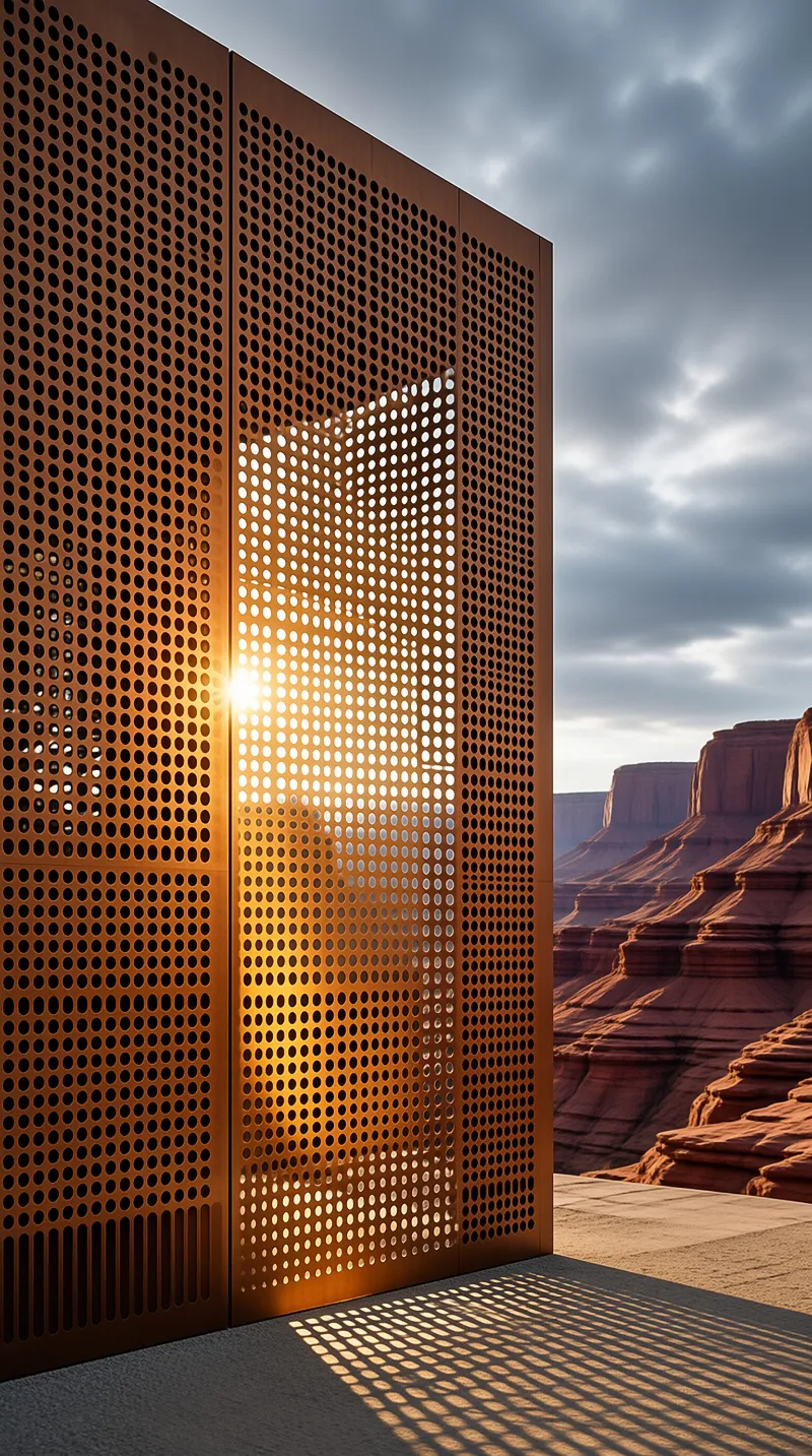 A brown perforated metal wall filters sunlight towards a distant red rock canyon landscape.