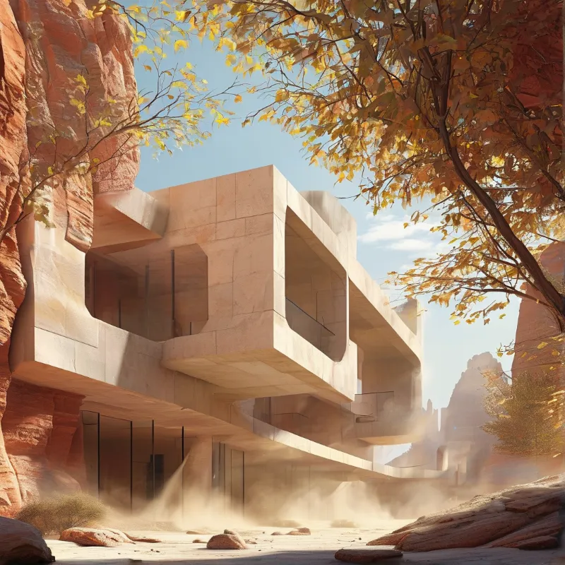 A modern stone building with deep square openings blends into red canyon walls amid golden autumn foliage.