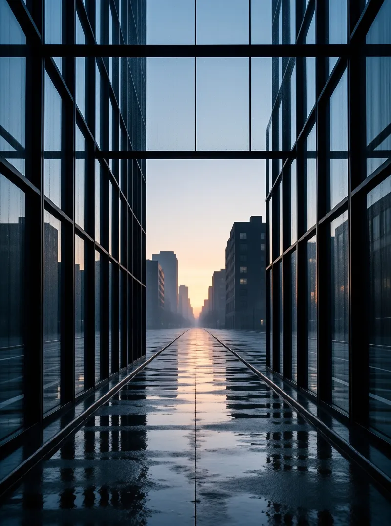 Symmetrical glass walls frame a wet street reflecting the orange sunrise glow between distant urban buildings.