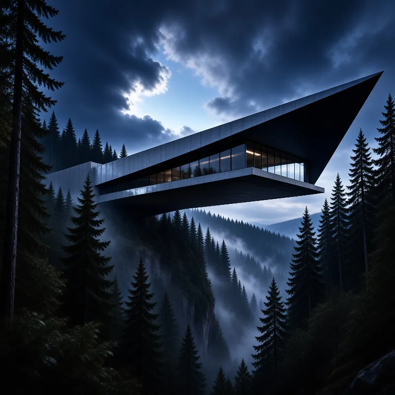 A dark angular modern house with a glowing window band juts out over a misty pine valley under a dramatic cloudy night sky.