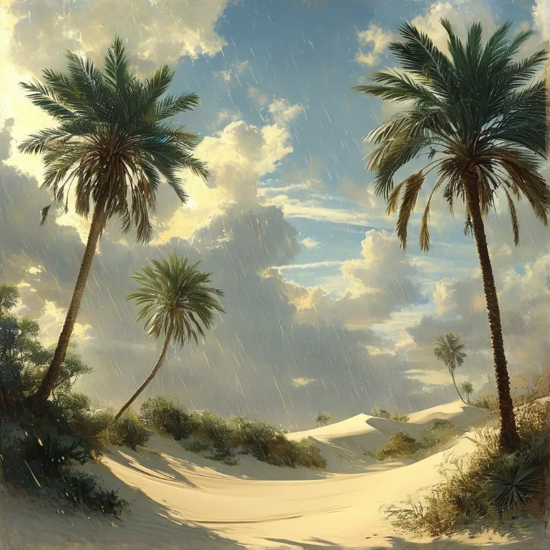 Tall palm trees stand on white sand dunes while heavy rain falls through a bright cloudy sky.