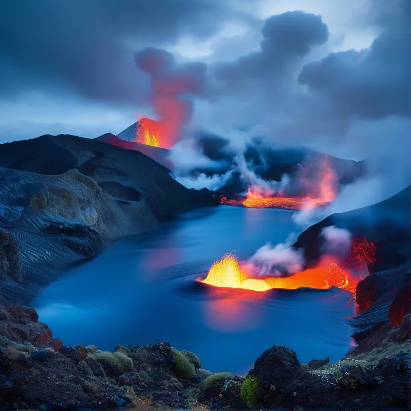 Glowing lava flows from a volcano peak into a dark blue lake generating thick white steam against a cloudy sky.