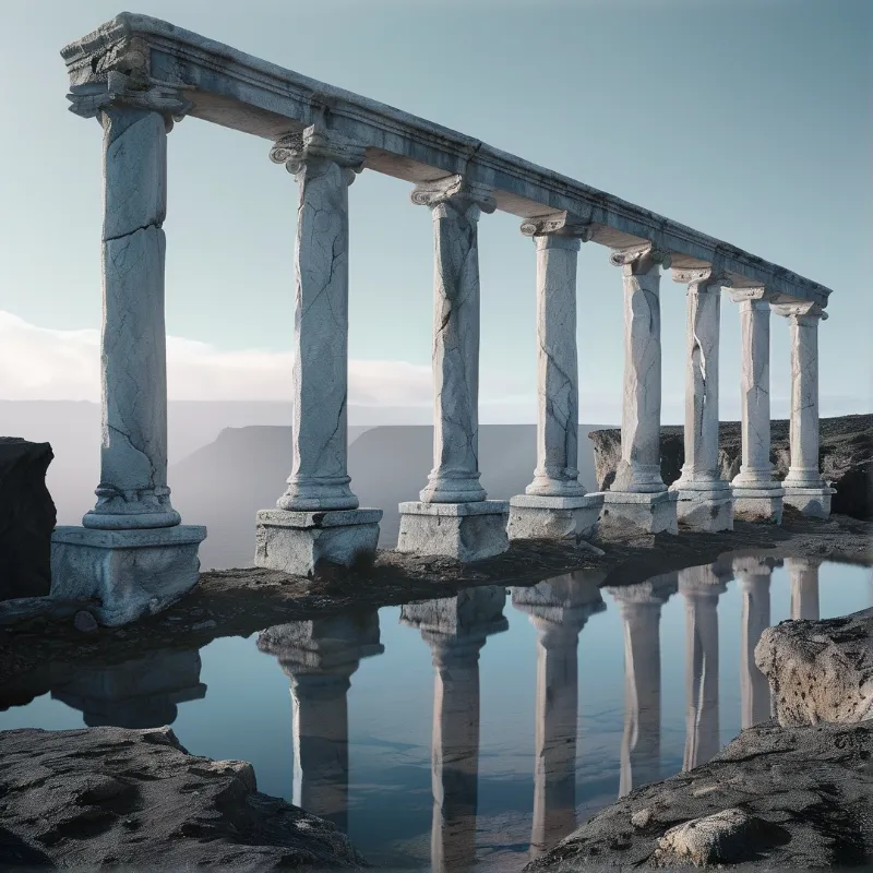A line of cracked stone pillars stands above a puddle reflecting their silhouettes against a distant foggy horizon.