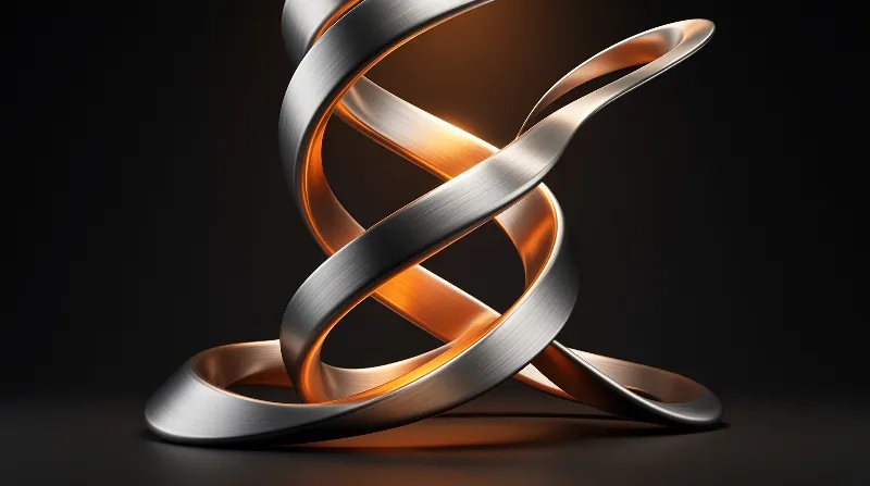 A shiny silver metallic band twists into complex loops reflecting warm orange light against a solid black background.