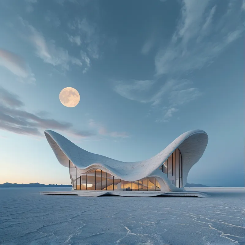 A sculptural white structure sits on a frozen plain while a large moon hangs in the evening sky.