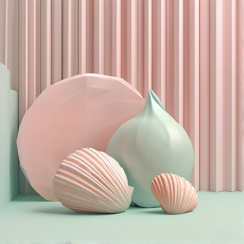 Pink scallop shells, a faceted rock, and a teal teardrop shape rest on a mint surface before a pleated pink wall.