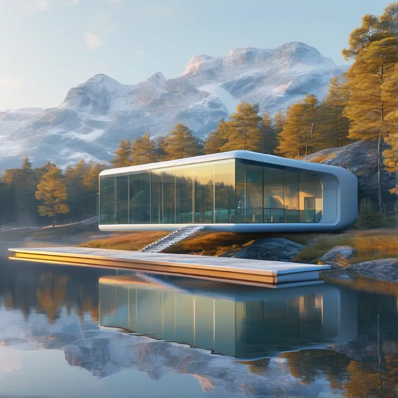 A sleek glass and white cabin overlooks a still alpine lake, framed by pine forest and snow topped mountains in warm dawn light.
