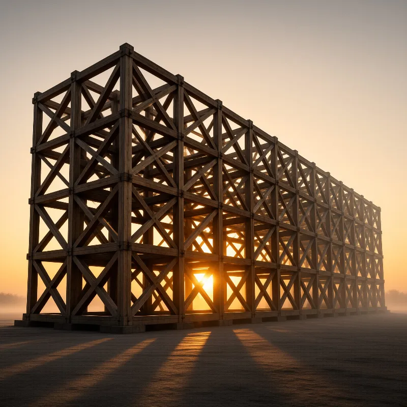 A long scaffold of crossed wooden beams stands on open ground, letting the morning sun flare through its diagonal bracing.