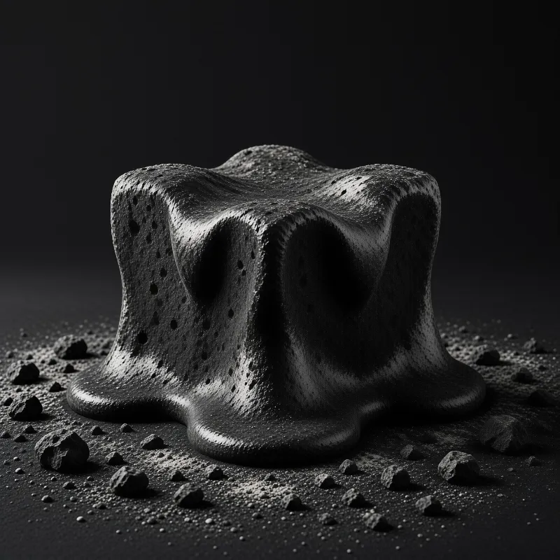 A large dark porous mass rests on a gravel surface under dramatic side lighting.