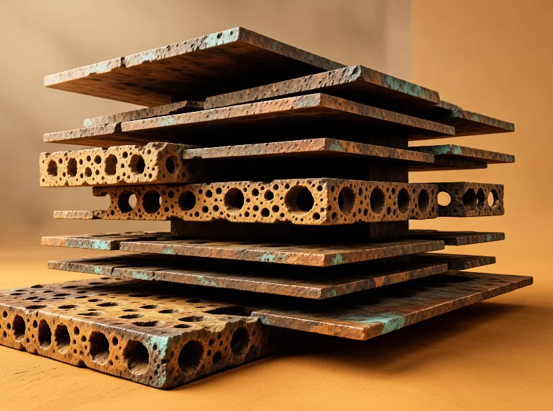 A geometric arrangement of rough porous rectangular blocks sits against a smooth orange backdrop featuring layers of solid and perforated materials with hints of blue patina