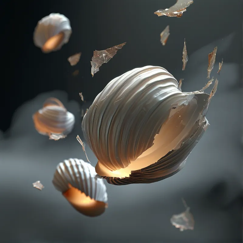 Floating ribbed objects emit warm amber light from within while surrounded by sharp fragments in a dark void.
