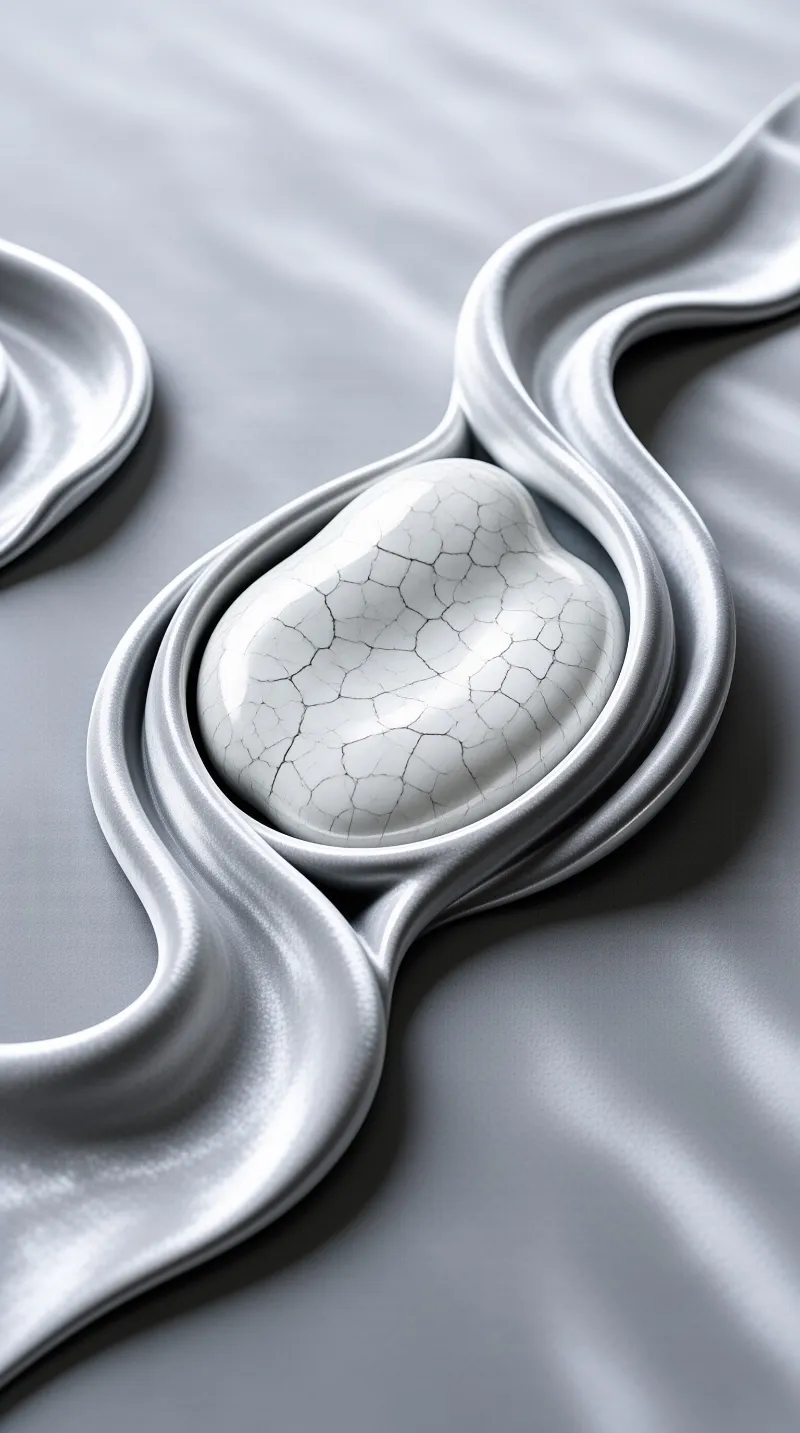A cracked white oval object rests within the curves of a smooth, undulating silver surface with soft diffused lighting highlighting the contrast between textures and forms in a minimalist abstract composition.